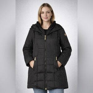 Vince Camuto Womens M Black Quilted Down Puffer Coat Hooded Long Winter Parka